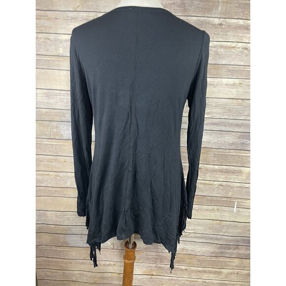 Chelsea Theodore Small Tunic Blouse Fringed Black Asymmetric Solid Long Sleeve - Picture 6 of 11